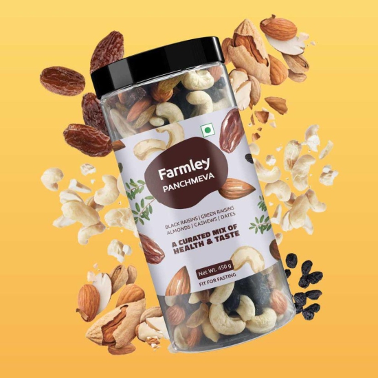 Farmley Premium Mixed Dry Fruits Panchmeva 450 Gram I Tasty & Mixed Nuts Healthy Snacks Contains Almond,Cashew,Dates,Green And Black Raisins I Reusable Jar