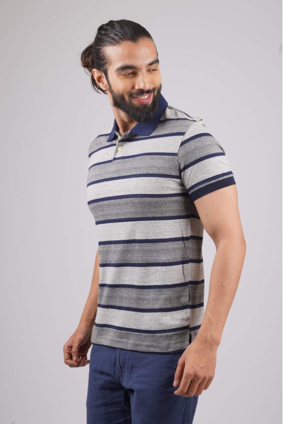 Men's Grey/Navy Striped Polo T-Shirt