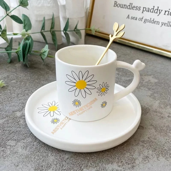 Daisy Mug & Saucer Set With Spoon-Blue