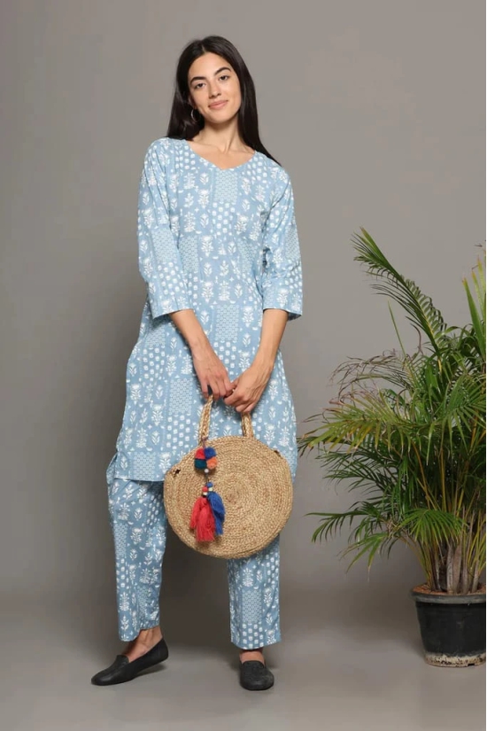 BREATHABLES Women Cotton Printed Loungewear Kurta and Pants Co-ord Set 3/4 Sleeve  V Neck Comfort Loose Fit (Night Wear | Co-ord set | Lounge Wear Set)