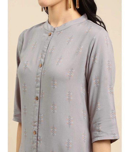 Rangita Women Rayon Light Grey Gold Printed Calf Length Straight Kurti With Front Button Placket - None