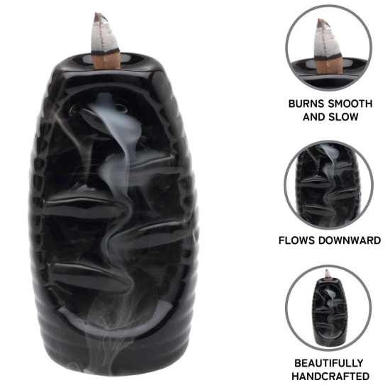 Bodhi House Ceramic Smoke Dropping Fountain Backflow Incense Holder With 20 Incense Cones |Home Decor, Gift | Incense Burner Decorative Showpiece | Aromatherapy (Garden), Black