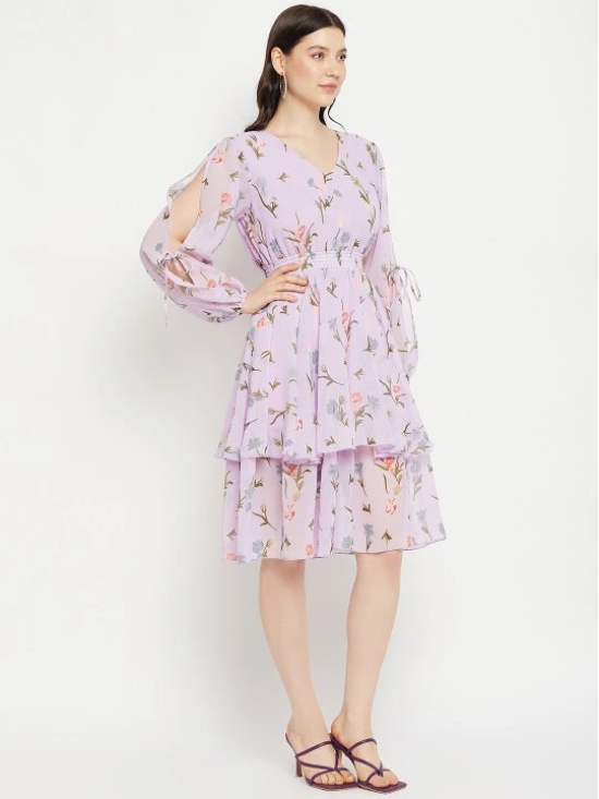 V Neck Floral Print Slit Sleeve Layered Georgette Fit & Flare Dress