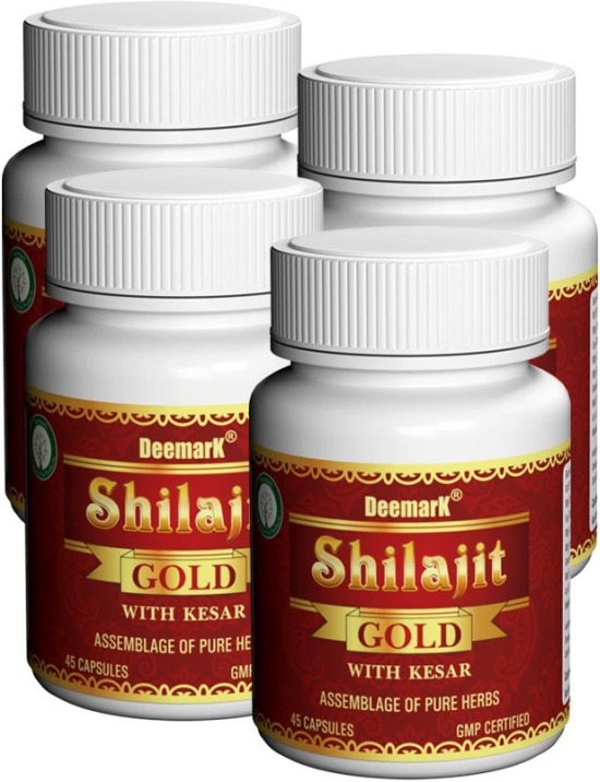 DEEMARK Shilajit Gold Capsules for Men to Increase Sexual Power | Enhance Stamina Naturally & Balances Testosterone & Increase Libido | Capsules Made with Shilajit, Safed Musli, Ashwagandha, Gokshura, Kesar, & Gold Dust. (Pack of 4)