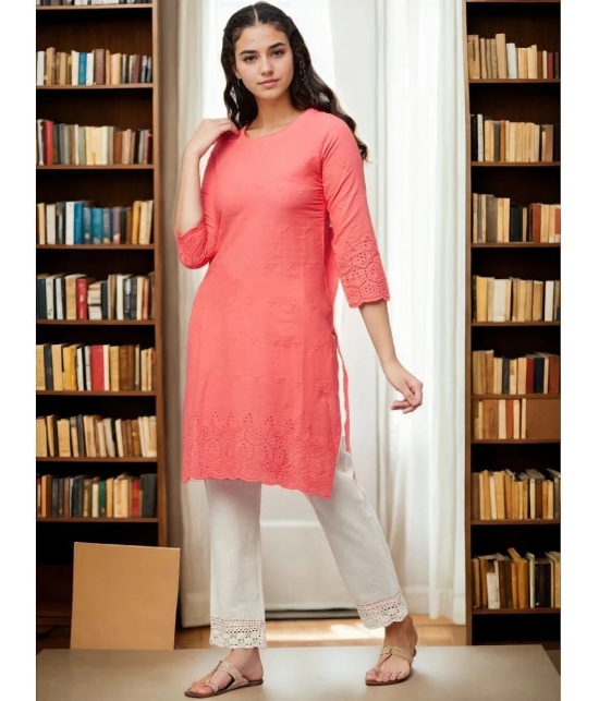 AMIRAS INDIAN ETHNICWEAR Cotton Embroidered Straight Womens Kurti - Peach ( Pack of 1 ) - None