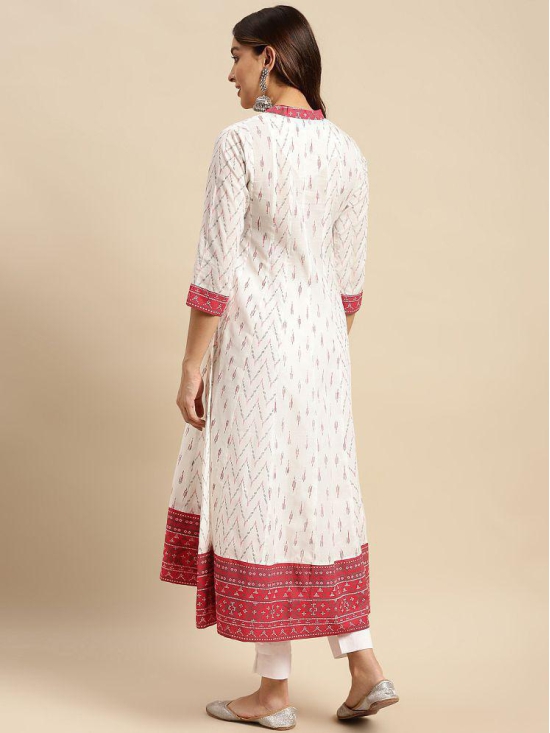 Rangita Women 100% Cotton Off White Contrast Placket Ikat Printed Calf Length Anarkali Kurti - None