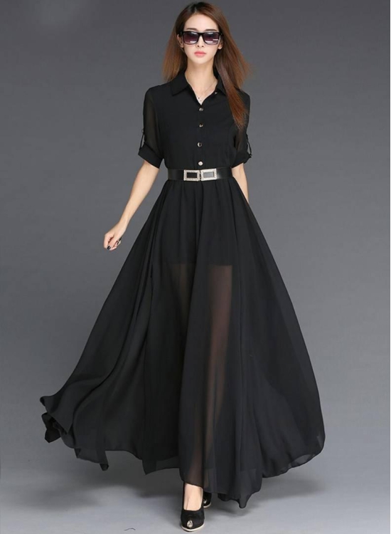 Georgette Black Solid Maxi Long Dress-L