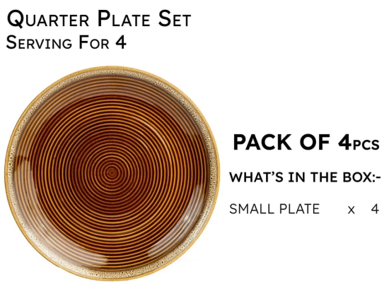 Reactive Handpainted Premium Ceramic 4 Small Plates | Quarter Plates | Stoneware | Microwave and Dishwasher Safe | Pack of 4 | Peanut Brown