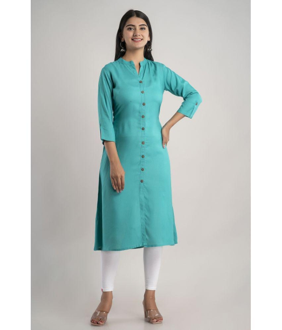 MAUKA - Turquoise Rayon Women''s Front Slit Kurti ( Pack of 1 ) - None