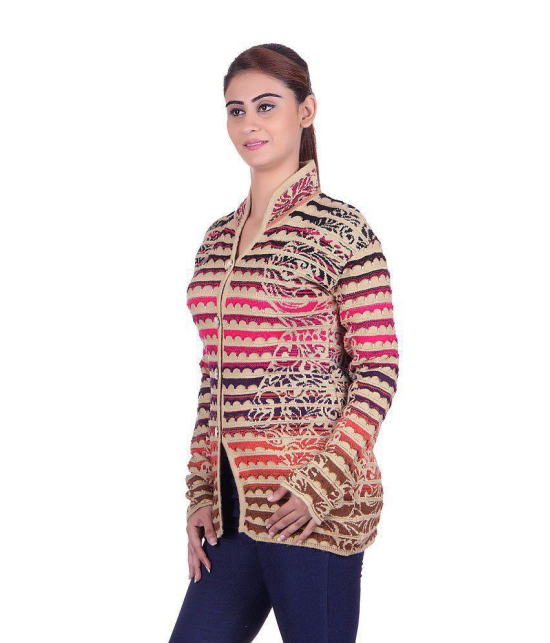 eWools.in Beige and Pink Woollen Buttoned Cardigan - L