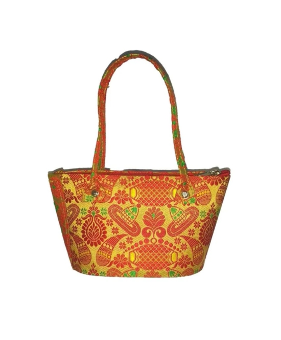 Red and yellow brocade handbag with green handles