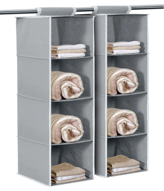 Non Woven Foldable Hanging 4 Shelves Wardrobe/Closet Cloth storage Organizer (Grey)-Pack of 2