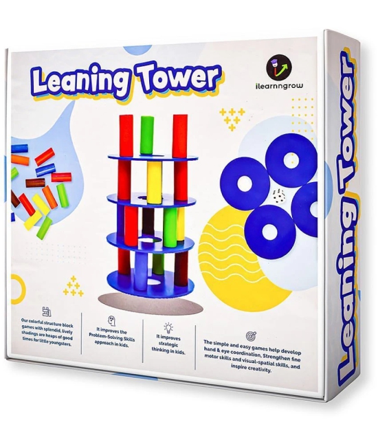 ILEARNNGROW Wooden Tower Stacking Game Leaning Tower I Fine Motor Skill Building Blocks with Dice Toppling Leaning Tower Toy I Montessori Family Party Games for Kids â?? Multi - Multicolor