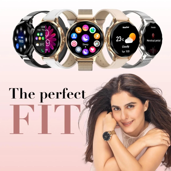 Noise Diva Smartwatch with Diamond Cut dial, Glossy Metallic Finish, AMOLED Display, Mesh Metal and Leather Strap Options, 100+ Watch Faces, Female Cycle Tracker Smart Watch for Women Black Link