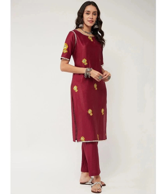 Pannkh Viscose Embroidered Straight Womens Kurti - Maroon ( Pack of 1 ) - None