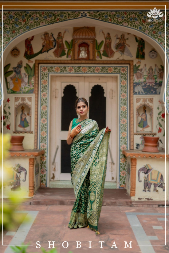 Banarasi Silk Georgette Saree in Alfi Sona Rupa Brocade Jaal Weave in Bottle Green | SILK MARK CERTIFIED