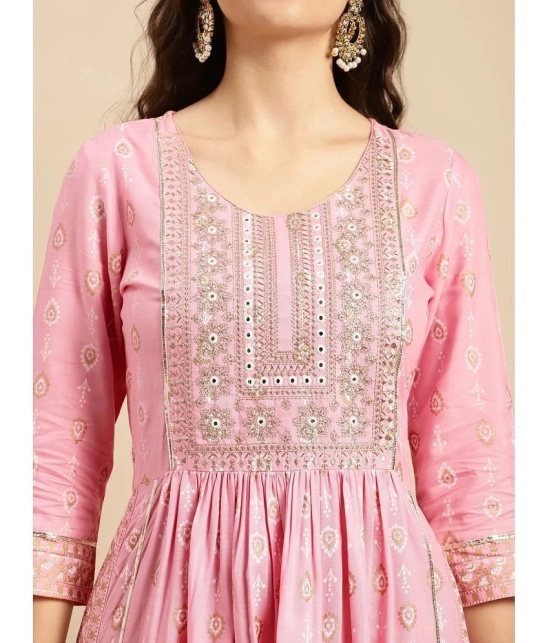 Rangita Women Rayon Pink Yoke Embroidered Calf Length Kurti Gathered At Waist - None