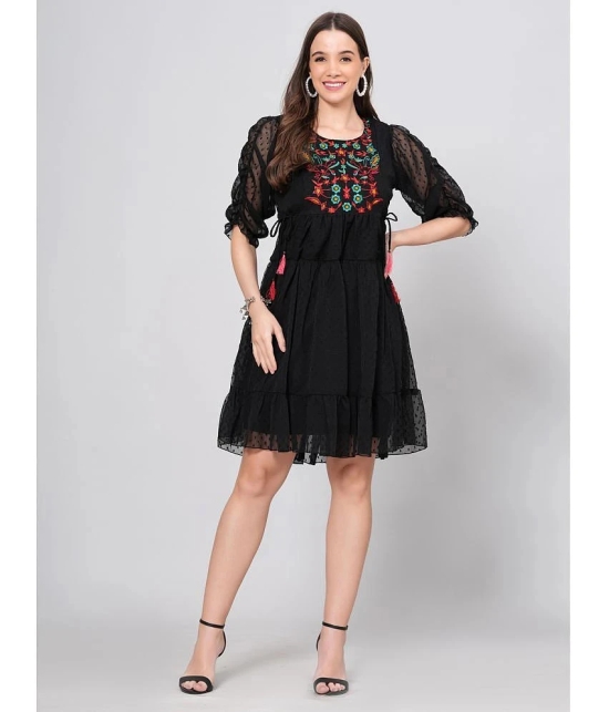 HIGHLIGHT FASHION EXPORT Crepe Embroidered Knee Length Womens Fit & Flare Dress - Black ( Pack of 1 ) - None