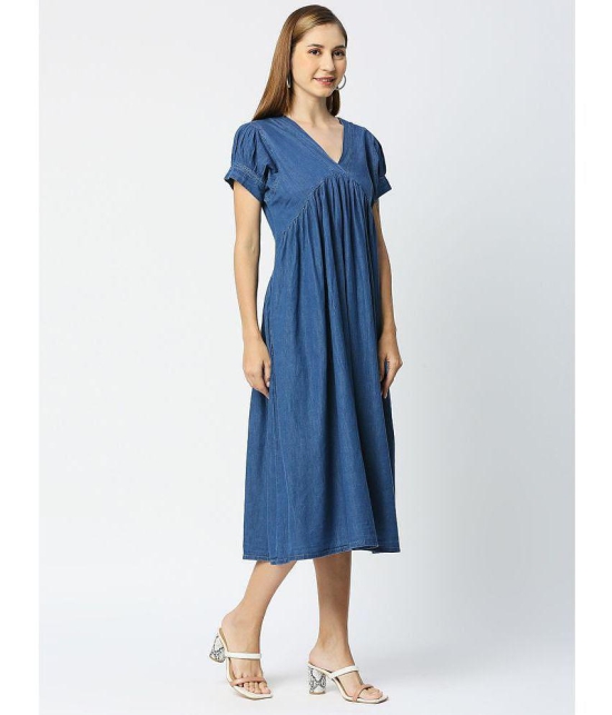 CEFALU Denim Solid Midi Women''s A-line Dress - Blue ( Pack of 1 ) - None