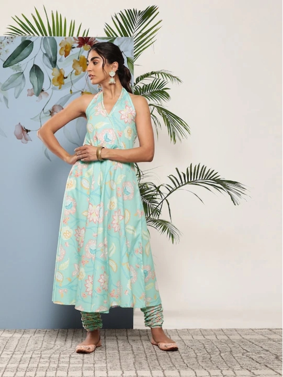 Women Blue Floral Printed Gotta Patti Kurta with Churidar