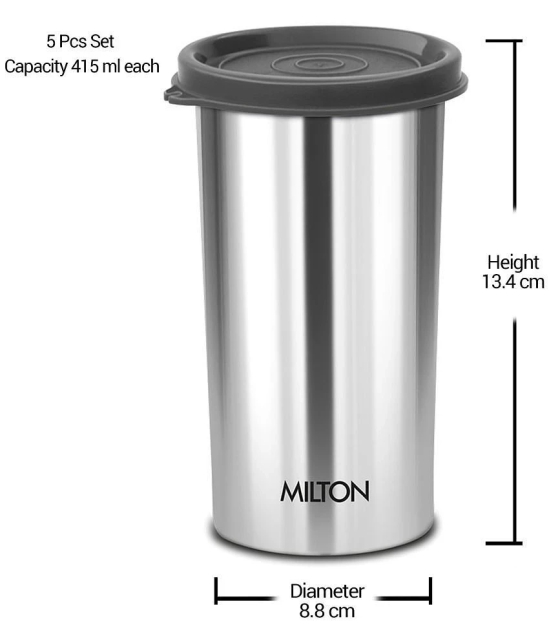 Milton Stainless Steel Tumbler with Lid Set of 5, 415 ml Each, Assorted (Lid Color May Vary) | Office | Gym | Yoga | Home | Kitchen | Hiking | Treking | Travel Tumbler - Assorted