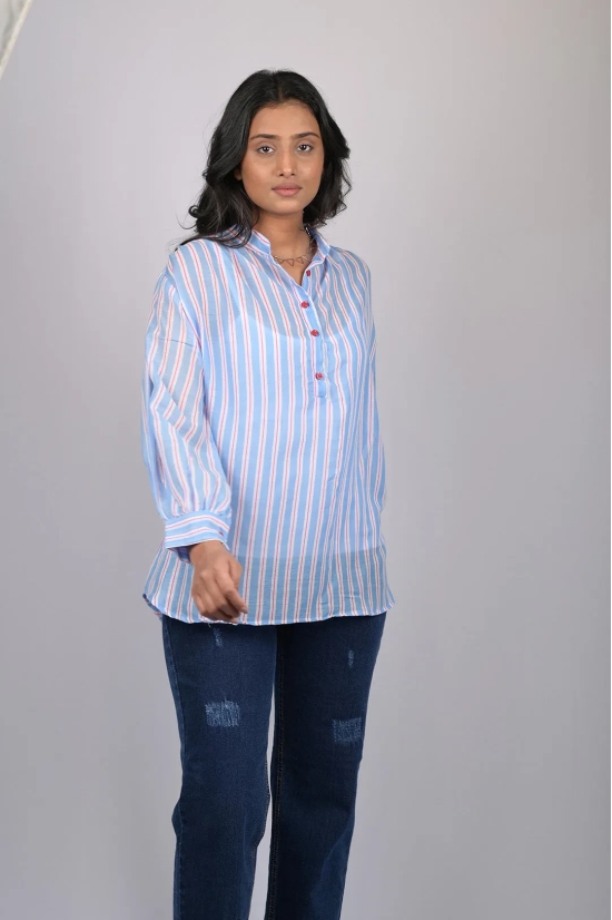 Chiffon top for women western wear stylish top trending Light Blue Striped Top With Long Sleeves (OTL-TPS1080)-Blue / S