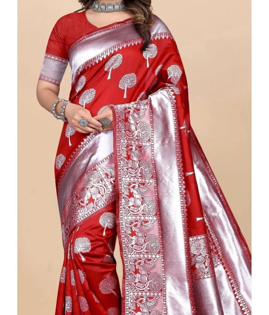 Gazal Fashions - Red Banarasi Silk Saree With Blouse Piece ( Pack of 1 ) - Red