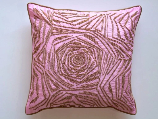 Decorative Rose Pattern Golden Beads Hand Embroidered Luxurious Cushion Cover Size 16x16