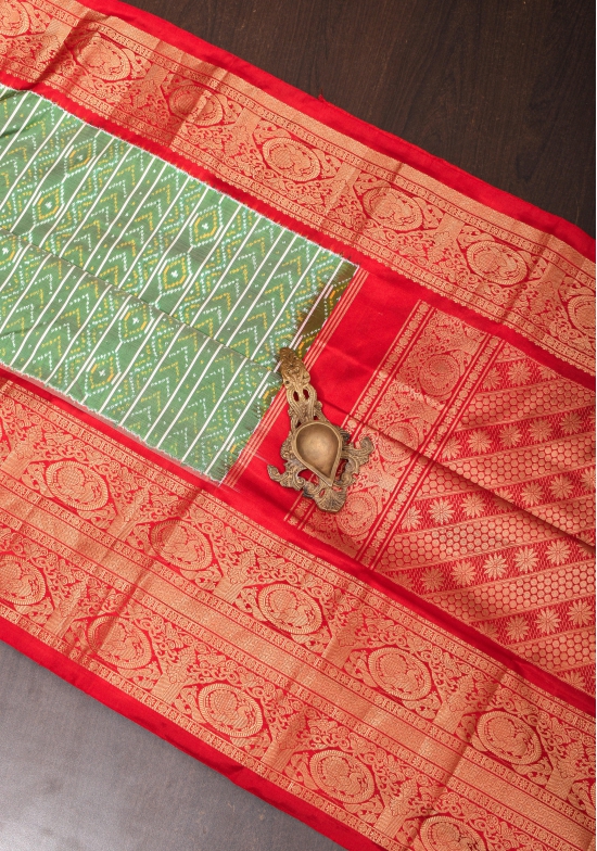 Ikkat Kanjivaram Fusion Silk Saree in Green & Red with Wide Zari Border | SILK MARK CERTIFIED