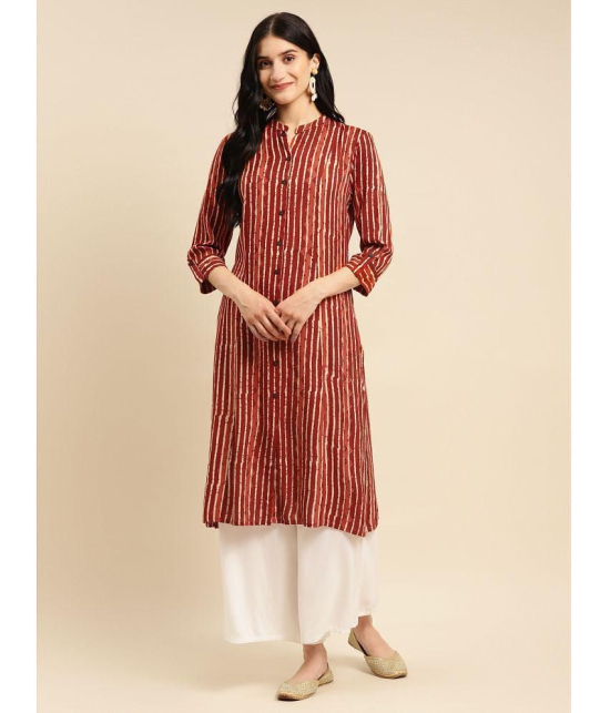 Rangita Women Rayon Rust Tonal Printed Calf Length Kalidar Kurti With Front Button Placket - None