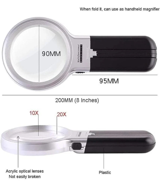 SHB 3X 2.44 Magnifier with 2 Built-in LED Lghts, Adjustable Angle Multifunctional Portable Plastic Optical Magnifying Glass for Reading, Hands Free Magnifying Glass with LED Light Stand