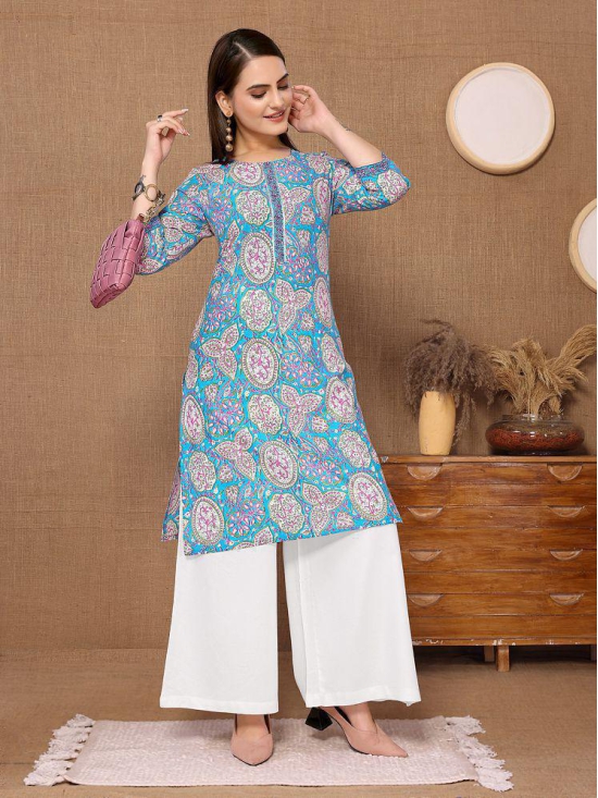 Rangita Women Cotton Blue Printed Knee Length Straight Kurti - None