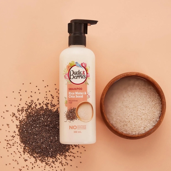 Buds&Berries Rice Water and Chia Seed Shampoo for Nourishment, Ideal for Dry & Frizzy Hair - 300 ml