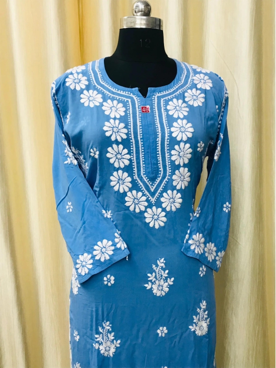 Modal Chikankari kurti-Light Blue / 38/M