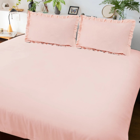 Solid Colour 100% Cotton, 270 TC King Bedsheet with 2 Frill Pillow Covers Peach