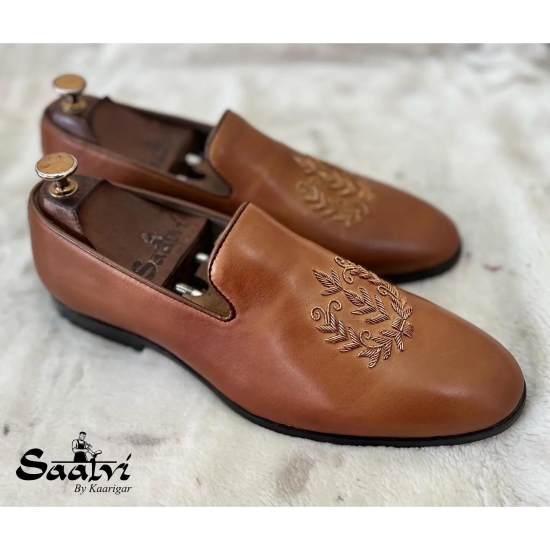 Tan Leaf Zardosi Slipons-UK7/US8/EU41