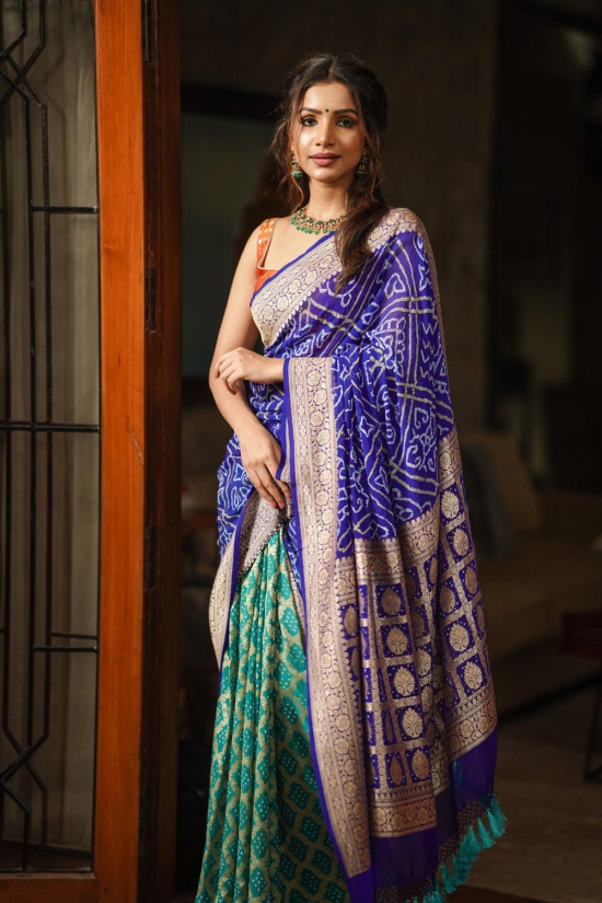 Blue and Turquoise blue Half and Half Exquisite Bandhni Saree with Jaal zari and Sarkam Bandhej | SILK MARK CERTIFIED