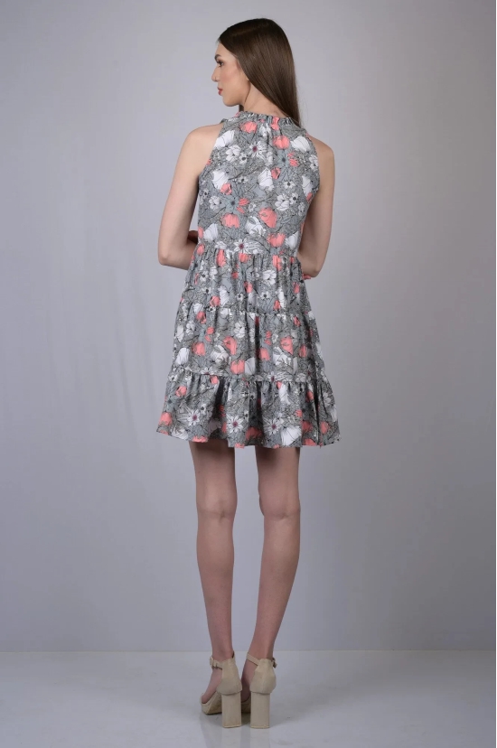 Grey Floral Print Fit and Flare Dress (OTL-DRS1001)-Grey / S