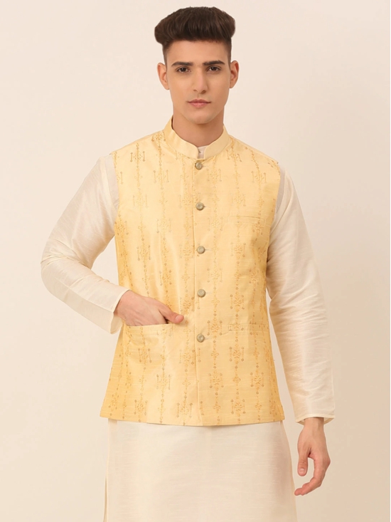 Men Golden Embroidered Woven Nehru Jackets-L / Golden