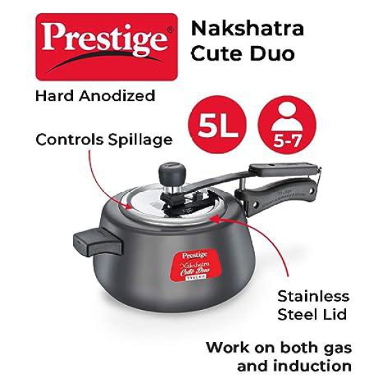 Prestige Nakshatra Cute Duo Svachh Hard Anodised Spillage Control Pressure Cooker, 5 L (Black)