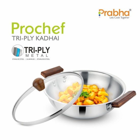 Prabha Stainless Steel Tri-Ply Prochef Kadhai with Lid Wooden Handle, 22cm 2.2L, Induction & Gas Stove, Durable for Long Term and Non Toxic Kadhai Base Heat Dispersion, 5 Year Warranty