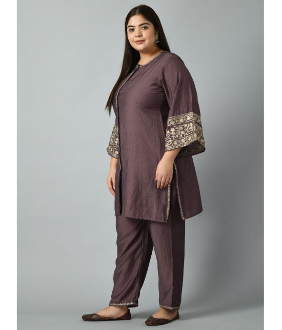 PrettyPlus by Desinoor.com Cotton Silk Embroidered Kurti With Pants Womens Stitched Salwar Suit - Lavender ( Pack of 1 ) - None