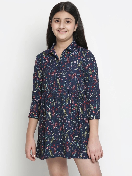 Oxolloxo Girls Navy Blue Floral Satin Shirt Dress