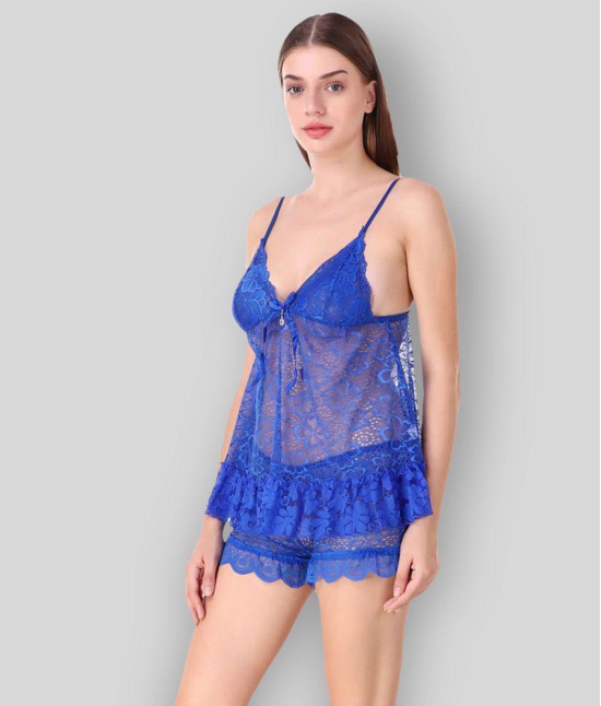 Fasense - Blue Net Women's Nightwear Baby Doll Dresses Without Panty ( Pack of 1 ) - S