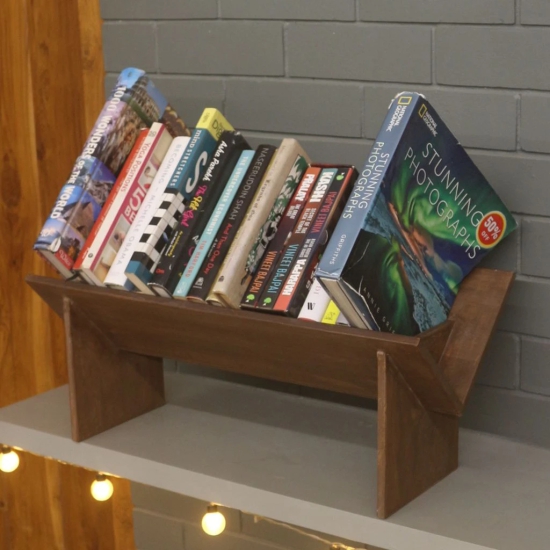 BARISH - Book Rack (Table Top) for Larger Books | Wooden Table Top Book Rack Shelf | Home Decor Piece | Handcrafted with Rubberwood | 66 x 30 x 28 (L x W x H)