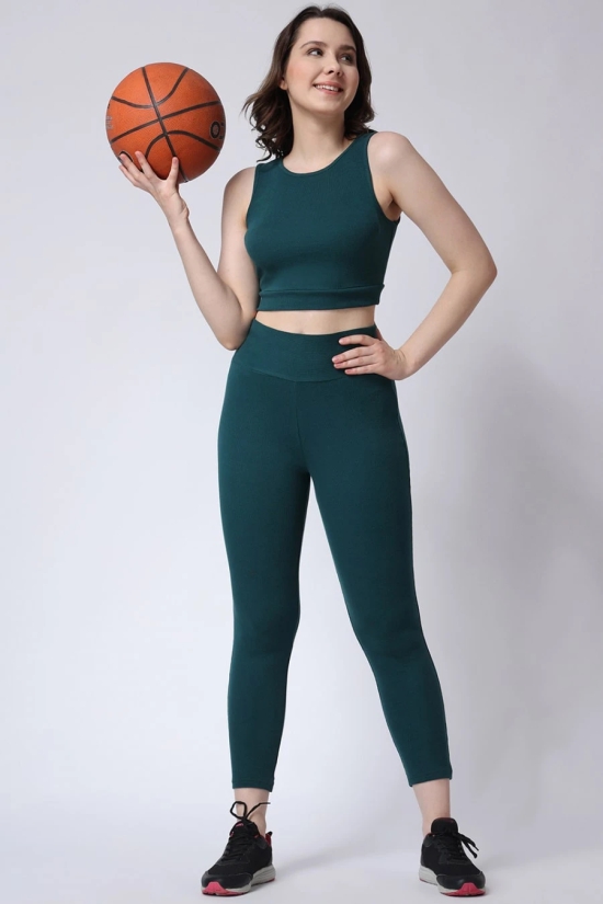 Womens Green Gym Co-Ord Set Leggings & Sleeveless Crop Top-L / Green