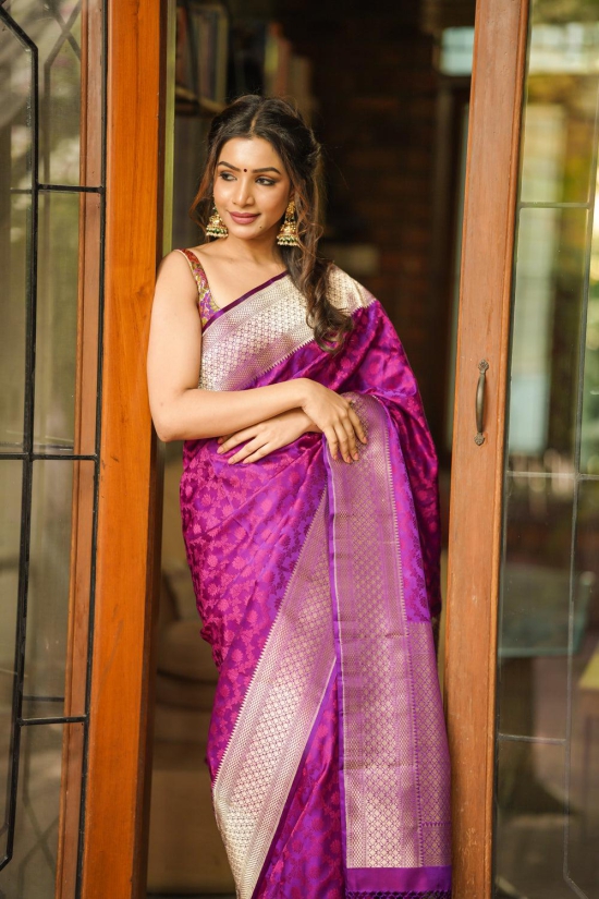 Purple Exquisite Tanchoi Floral Banarasi Saree in Pure Silk Satin with Zari detailing | SILK MARK CERTIFIED