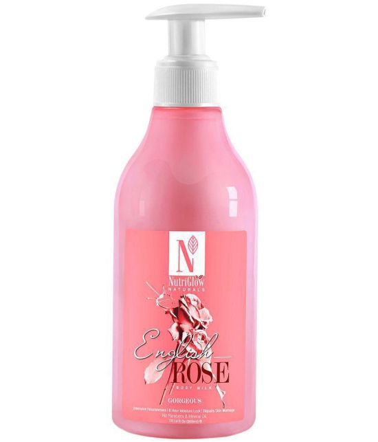 NutriGlow NATURAL'S English Rose Body Milk For Intensive Nourishment, 8 Hour Moisture Lock & Repairs Skin Damage, No Parabens & Mineral Water, 300 ml