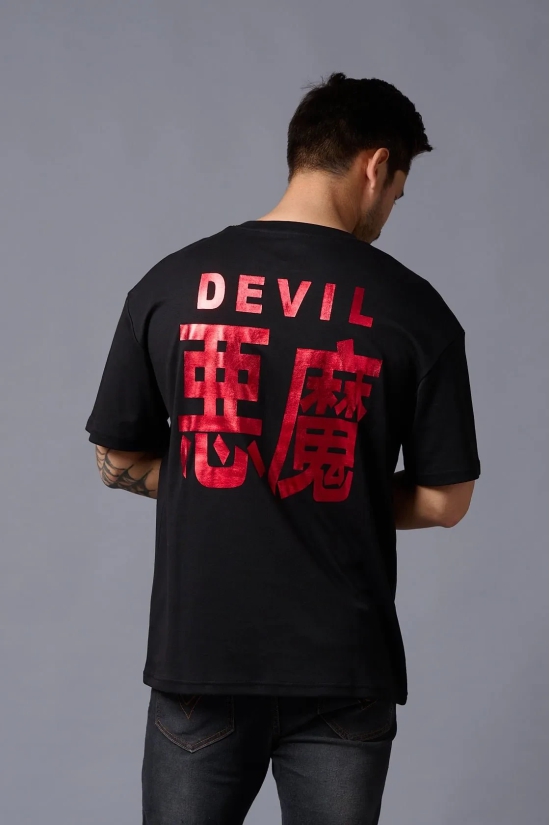 Chinese Devil in Red Foil Print Black Oversized T-Shirt for Men XXL