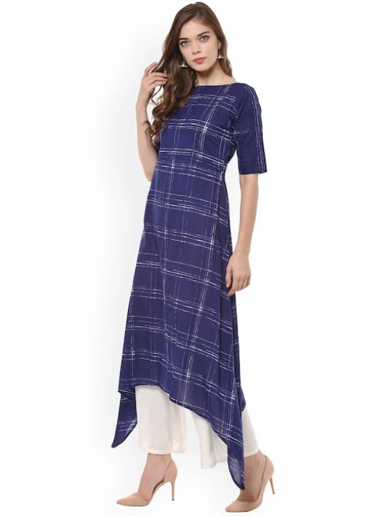 Women Blue Checked A-Line Asymmetric Kurta